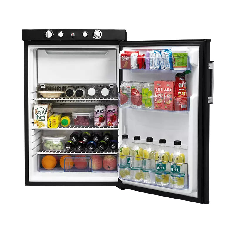 SMAD 3-Way Fridge Freezer - 100L, spacieux et puissant réfrigérateur à absorption électrique au propane pour camping-car, caravane, motorhome - AC/DC/GAS, réfrigérateur 0-10°C, congélateur -18°C-0°C, lumière LED, charnières de porte réversibles