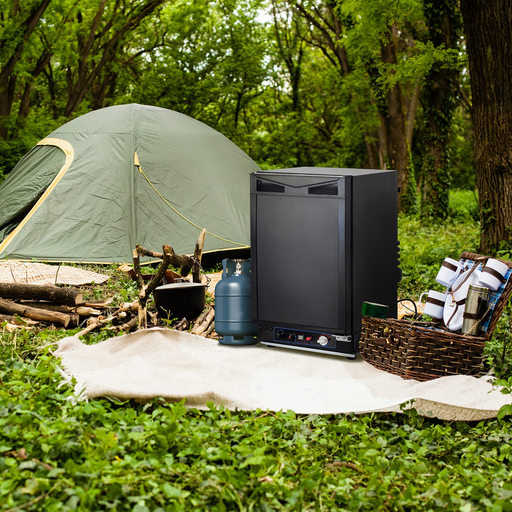 SMAD Compact Fridge 3-Way - 40L, Mini réfrigérateur pratique et polyvalent pour camping-car, caravane, motorhome, hôtel - AC/DC/GAS, 0-10°C, éclairage LED
